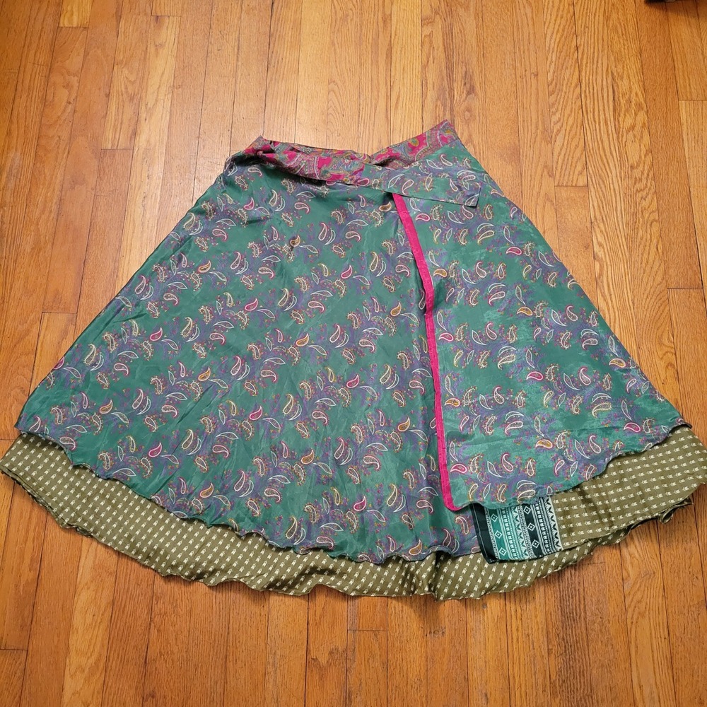 OS Wrap Skirt Green Paisley Reversible Boho‎ Midi Silk Wrap Skirt Gypsy Whimsy